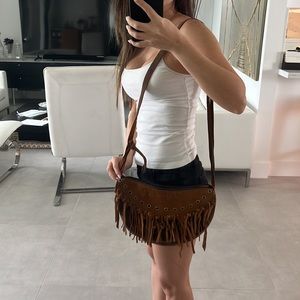 Women brown Suede boho bag  with fringed Coachella style inside compartments